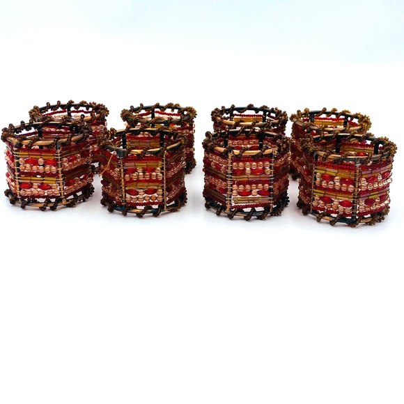 Pier 1 Imports Copper Colored Napkin Rings with Brown/Red Beads Set of 8 - Picture 1 of 8